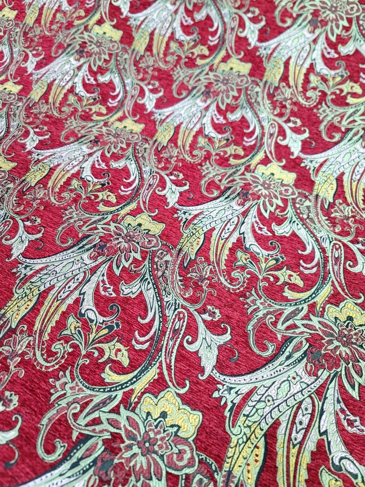Red Gold Floral Damask Brocade Fabric - 60” Width - Sold By The Yard - Chenille