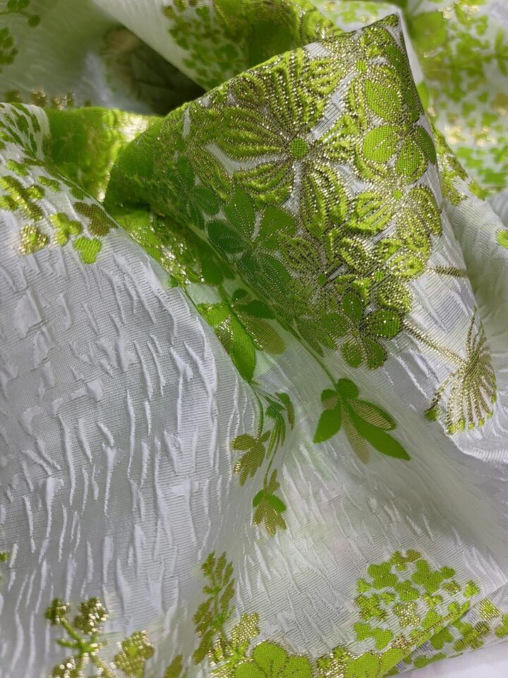 Metallic Lime Green Floral Brocade White Organza Fabric By Yard 57" W FOR DRESS