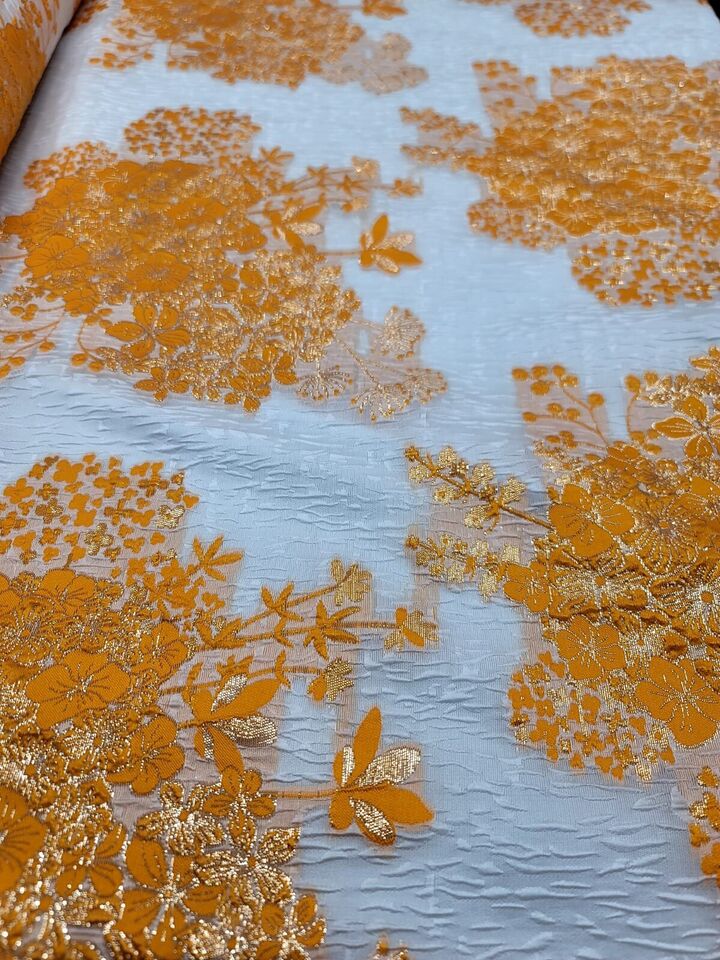 ORANGE GOLD Floral Brocade Fabric (60 in.) Sold By The Yard On White Organza smart-textile smart-textile (1414)