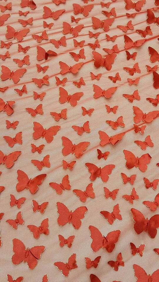 Red Embroidered Lace 3D Satin Butterflies Fabric By the Yard - Perfect for Gowns and Quinceañera Dresses - 60 Inches Wide