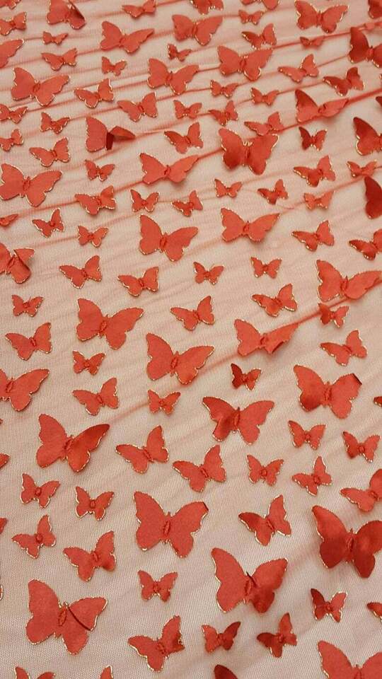Red Embroidered Lace 3D Satin Butterflies Fabric By the Yard - Perfect for Gowns and Quinceañera Dresses - 60 Inches Wide