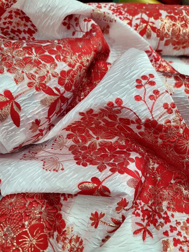 Red Gold Floral Metallic Brocade Fabric Width Sold By The Yard On White Organza