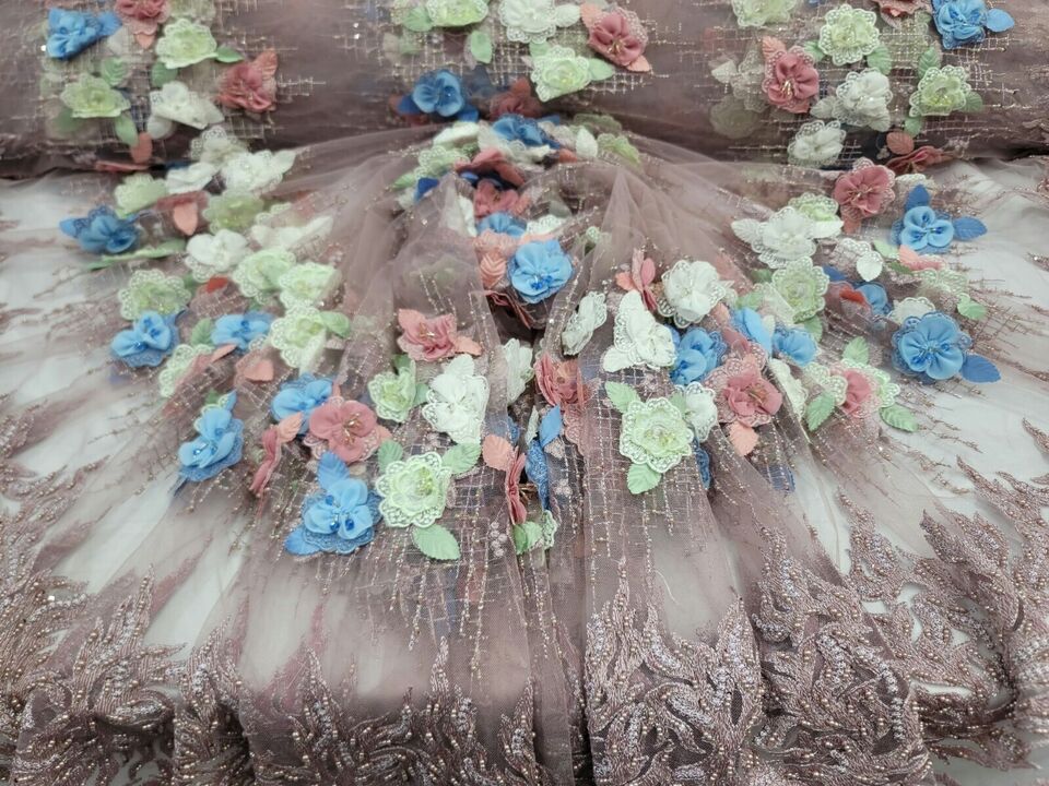 Dusty Rose Beaded Lace 3D Blue Sage Floral Flowers Fabric By the Yard - Ideal for Elegant Dresses