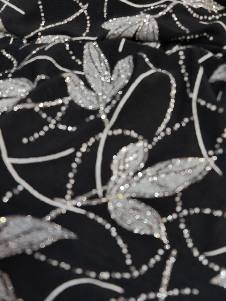 Silver Glitter Floral Flower Black Spandex Fabric By the Yard - Elegant Crafting Material on Black Background