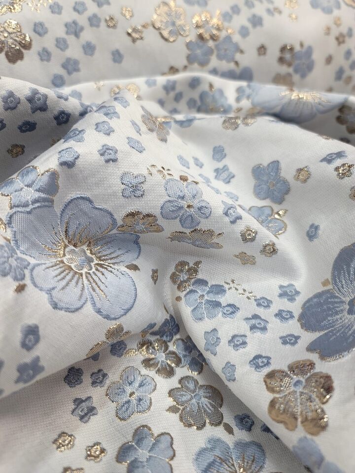 Metallic Floral Brocade on White Organza Base Fabric By the Yard - Embossed Jacquard - 60 Inches Wide - Available in Sky Blue/Gold and Red/Gold