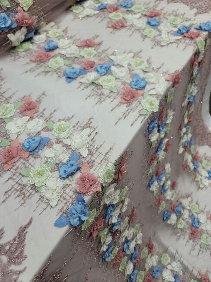 Dusty Rose Beaded Lace 3D Blue Sage Floral Flowers Fabric By the Yard - Ideal for Elegant Dresses