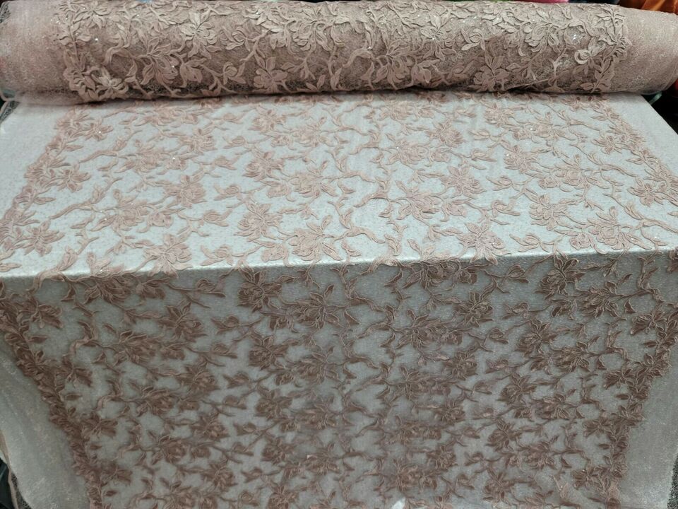 Dusty Rose Lace Guipure Mesh Embroidery with Clear Sequin Floral Fabric - Sold By the Yard - 59 Inches Wide