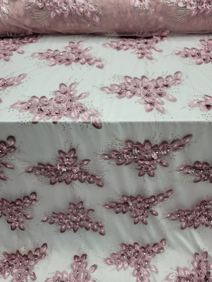 Dusty Rose Mauve 3D Floral Lace Fabric By the Yard - Perfect for Quinceañera Dress and Bridal Gown - 59 Inches Wide