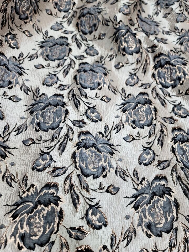 Gray Black Floral Flowers Brocade Gold Metallic On Beige Jacquard Fabric By Yard smart-textile smart-textile (1414)
