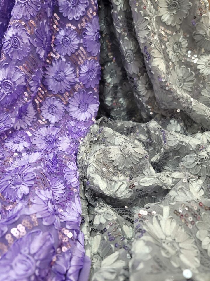 Lavender Lace Embroidery Ribbon Floral Sequins Quinceañera Fabric By the Yard - Elegant 54-Inch Width