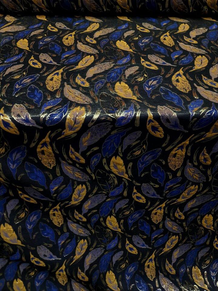 Navy Blue Leaves Gold Brocade Fabric By the Yard 57" Wide Fashion Jacquard