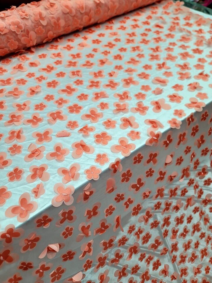 Royalty Bridal Luxury Coral 3D Floral Lace Fabric - Sold by the Yard (60" Width) with Butterflies Design