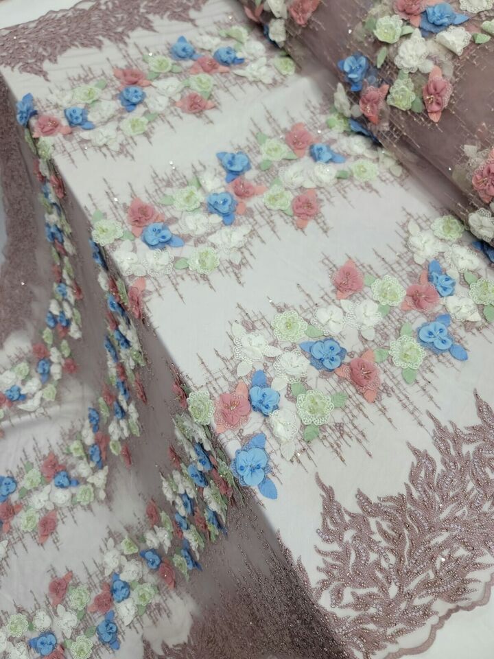 Dusty Rose Beaded Lace 3D Blue Sage Floral Flowers Fabric By the Yard - Ideal for Elegant Dresses