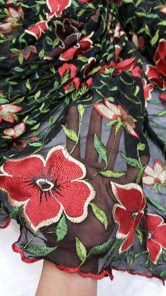 Red Floral Flowers Lace on Black Stretch Mesh Prom Fabric - Sold by the Yard - Ideal for Gowns and Elegant Attire