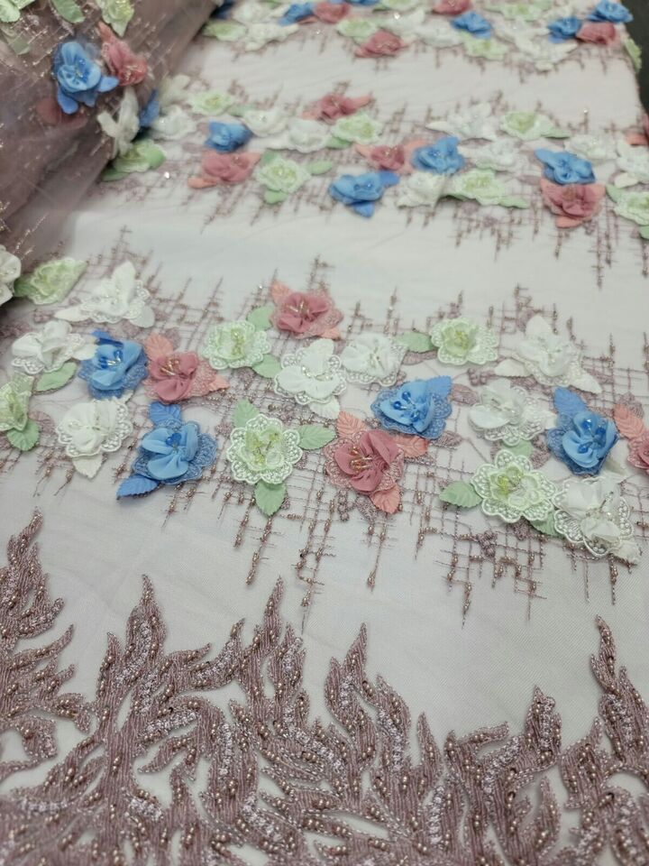 Dusty Rose Beaded Lace 3D Blue Sage Floral Flowers Fabric By the Yard - Ideal for Elegant Dresses