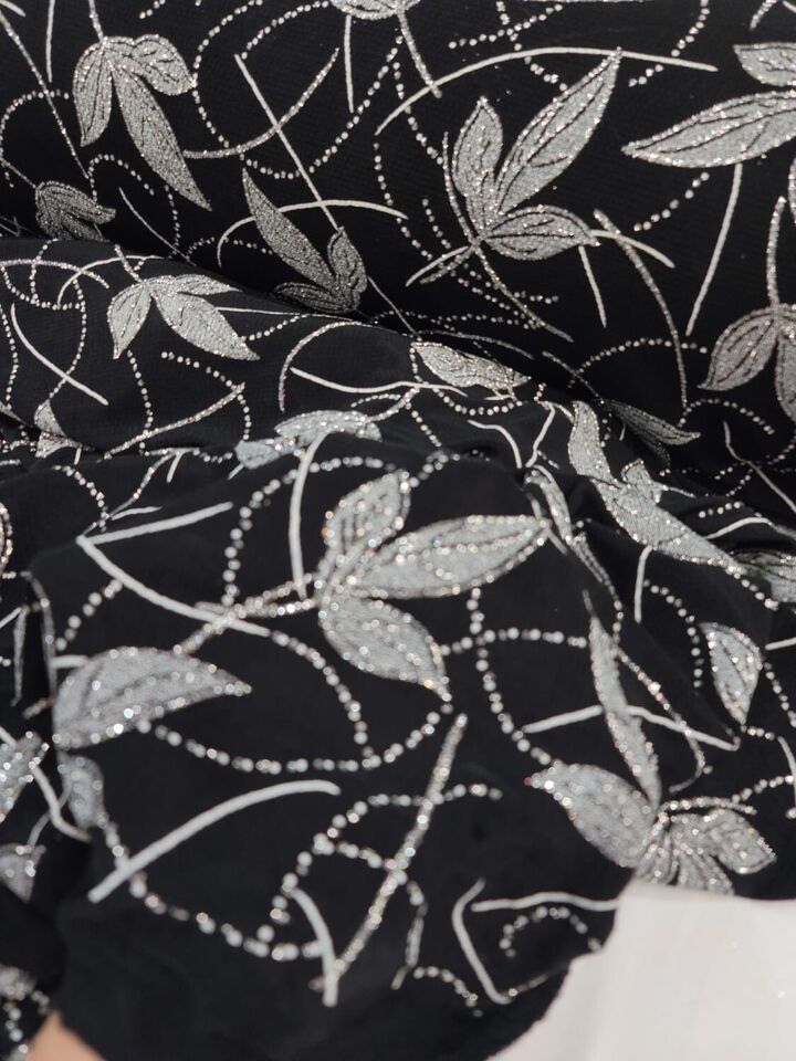 Silver Glitter Floral Flower Black Spandex Fabric By the Yard - Elegant Crafting Material on Black Background
