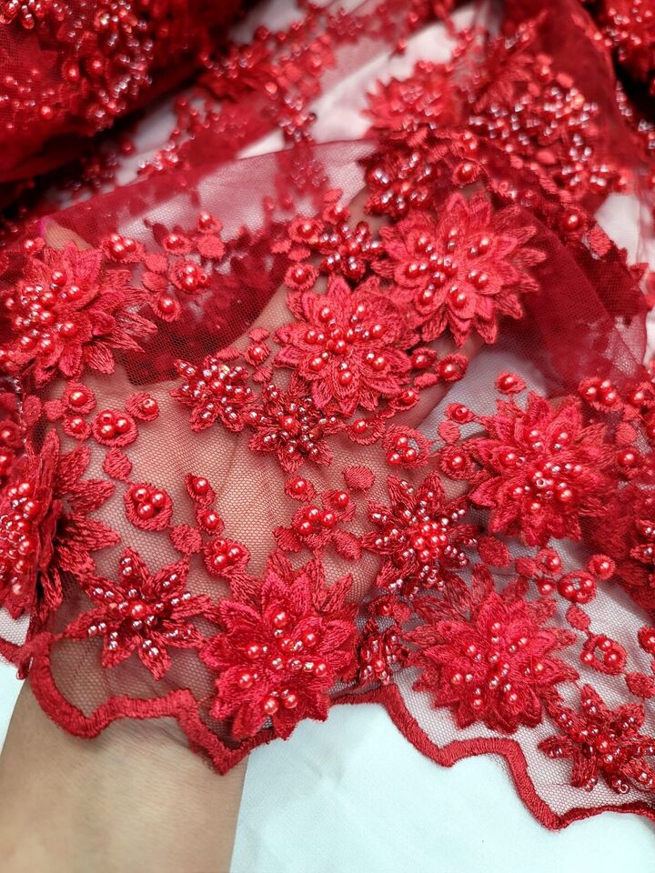 Lace Fabric Red 3D Flower Beaded Bridal Wedding Dress Fabric Sold By The Yard