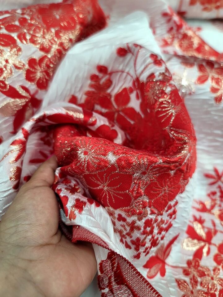Red Gold Floral Metallic Brocade Fabric Width Sold By The Yard On White Organza