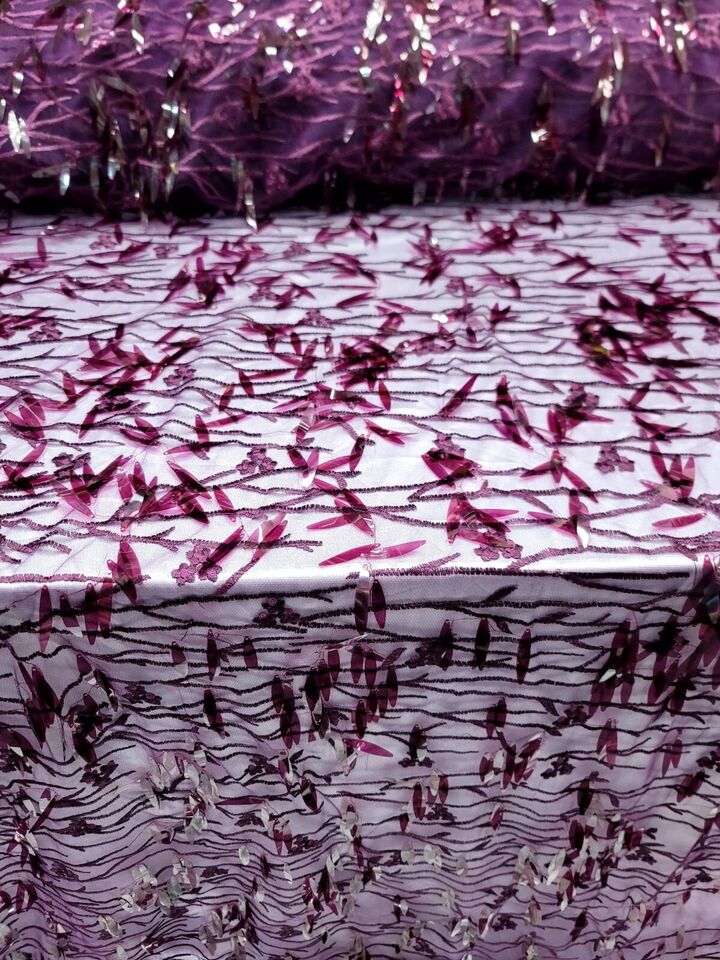 Eggplant Color Floral Lace Embroidery Sequins Prom Fabric - Sold by the Yard (60" Width)