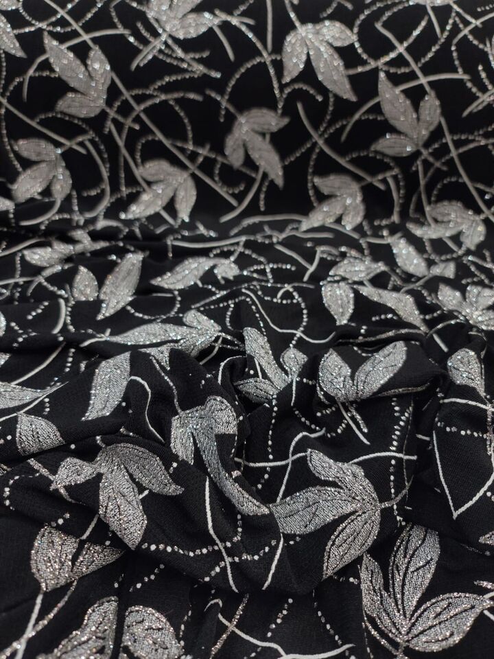 Silver Glitter Floral Flower Black Spandex Fabric By the Yard - Elegant Crafting Material on Black Background