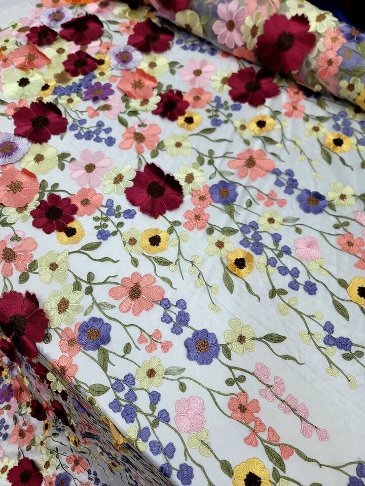 3D Multicolor Flower Lace Fabric - Sold by the Yard (60" Width) - White Mesh for Dress, Prom, Bridal