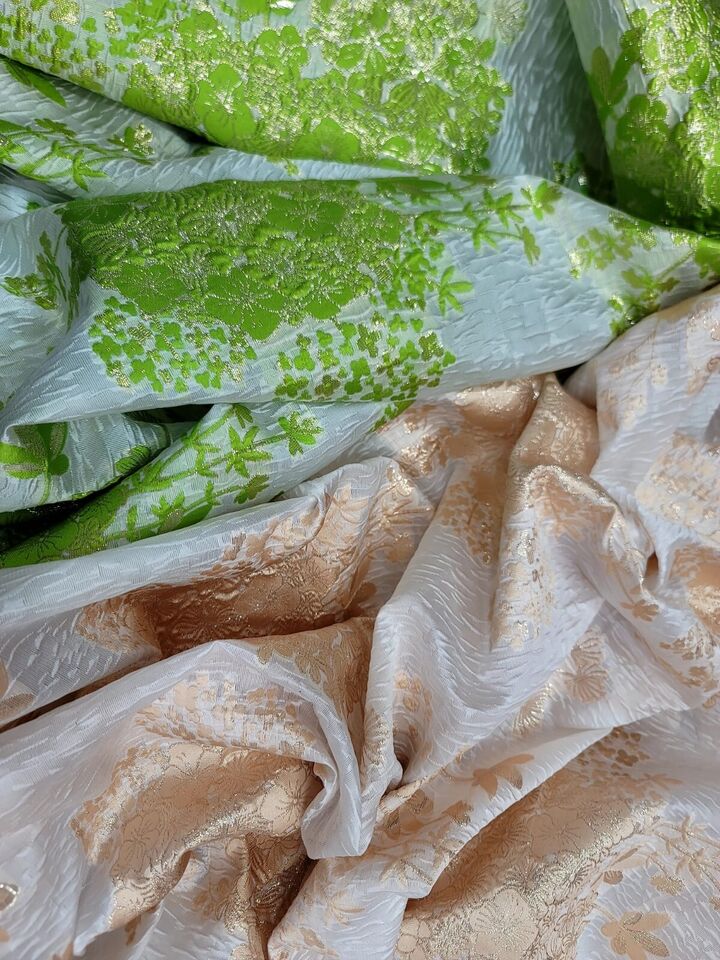 Metallic Lime Green Floral Brocade White Organza Fabric By Yard 57" W FOR DRESS