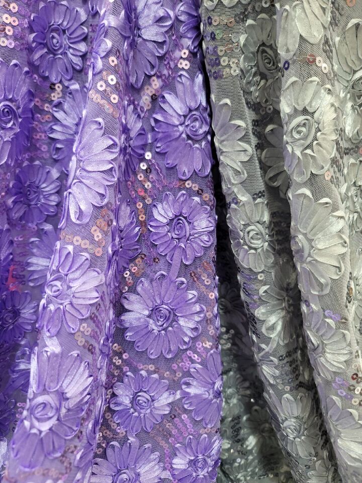 Lavender Lace Embroidery Ribbon Floral Sequins Quinceañera Fabric By the Yard - Elegant 54-Inch Width