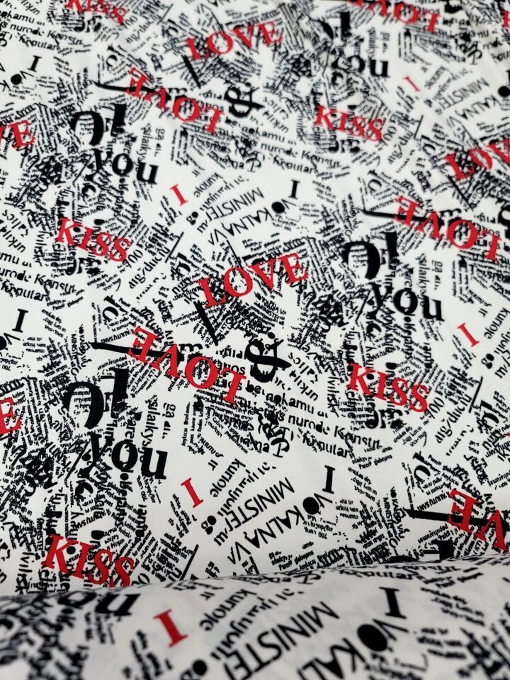 Rayon Jersey Spandex Knit Fabric by the Yard - Newspaper Love Kiss Print (60" Width)