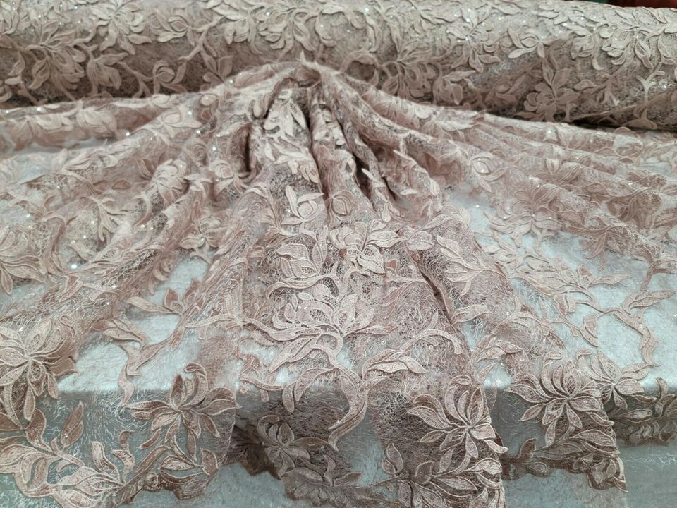 Dusty Rose Lace Guipure Mesh Embroidery with Clear Sequin Floral Fabric - Sold By the Yard - 59 Inches Wide