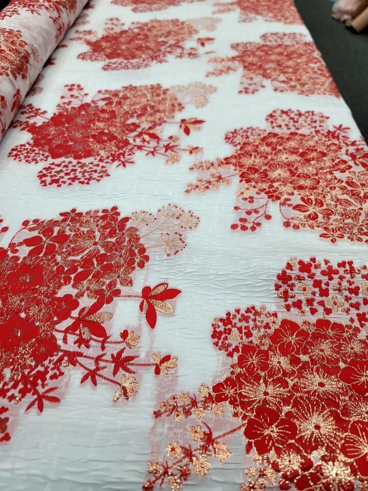 Red Gold Floral Metallic Brocade Fabric Width Sold By The Yard On White Organza