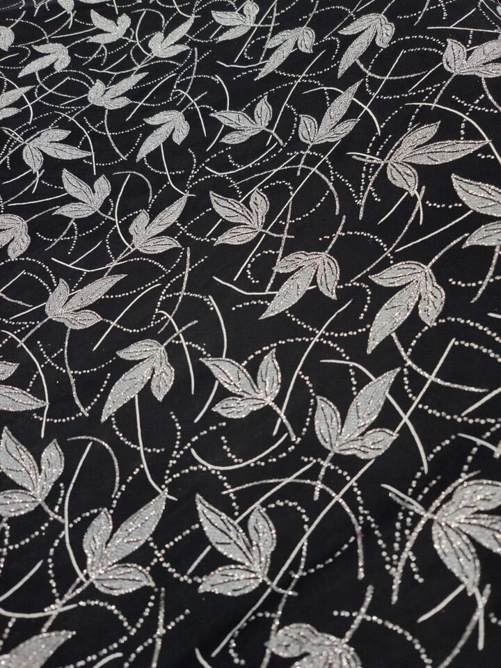 Silver Glitter Floral Flower Black Spandex Fabric By the Yard - Elegant Crafting Material on Black Background
