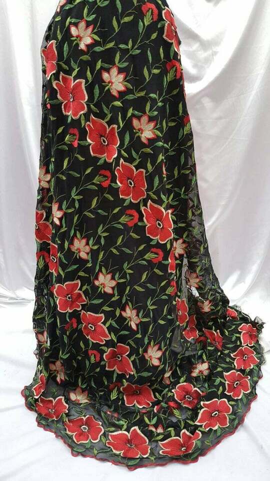 Red Floral Flowers Lace on Black Stretch Mesh Prom Fabric - Sold by the Yard - Ideal for Gowns and Elegant Attire