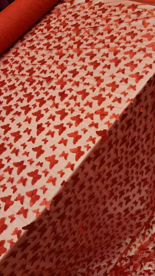 Red Embroidered Lace 3D Satin Butterflies Fabric By the Yard - Perfect for Gowns and Quinceañera Dresses - 60 Inches Wide