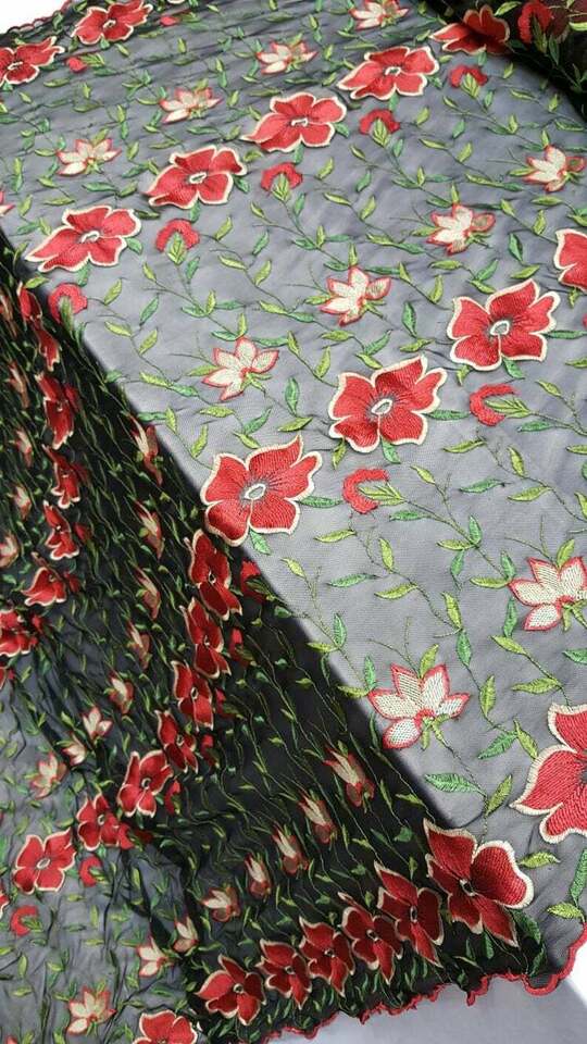 Red Floral Flowers Lace on Black Stretch Mesh Prom Fabric - Sold by the Yard - Ideal for Gowns and Elegant Attire