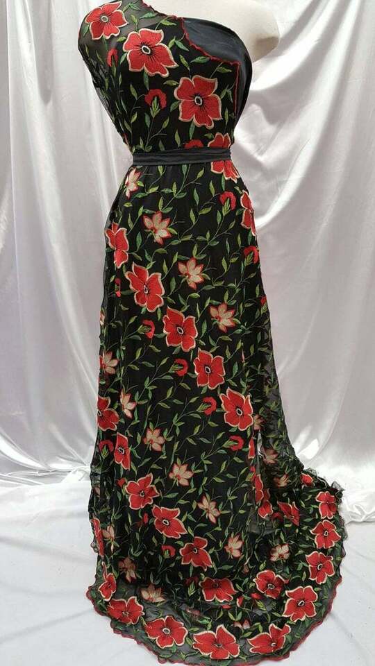 Red Floral Flowers Lace on Black Stretch Mesh Prom Fabric - Sold by the Yard - Ideal for Gowns and Elegant Attire