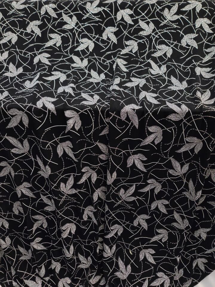 Silver Glitter Floral Flower Black Spandex Fabric By the Yard - Elegant Crafting Material on Black Background