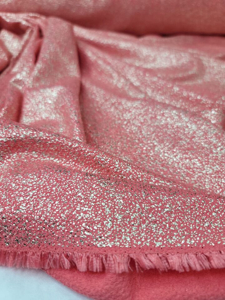 Vibrant Coral Shimmer Gold Stretch Spandex Fabric by the Yard - Elegant Apparel & Crafting Material