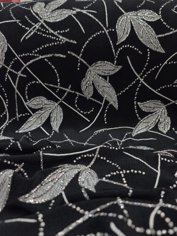 Silver Glitter Floral Flower Black Spandex Fabric By the Yard - Elegant Crafting Material on Black Background