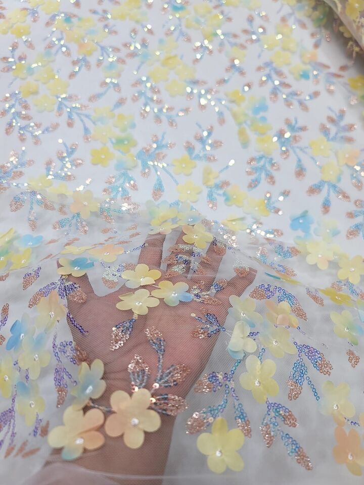 Yellow 3D Flowers/Floral Iridescent Sequins Embroidered Lace Fabric By The Yard