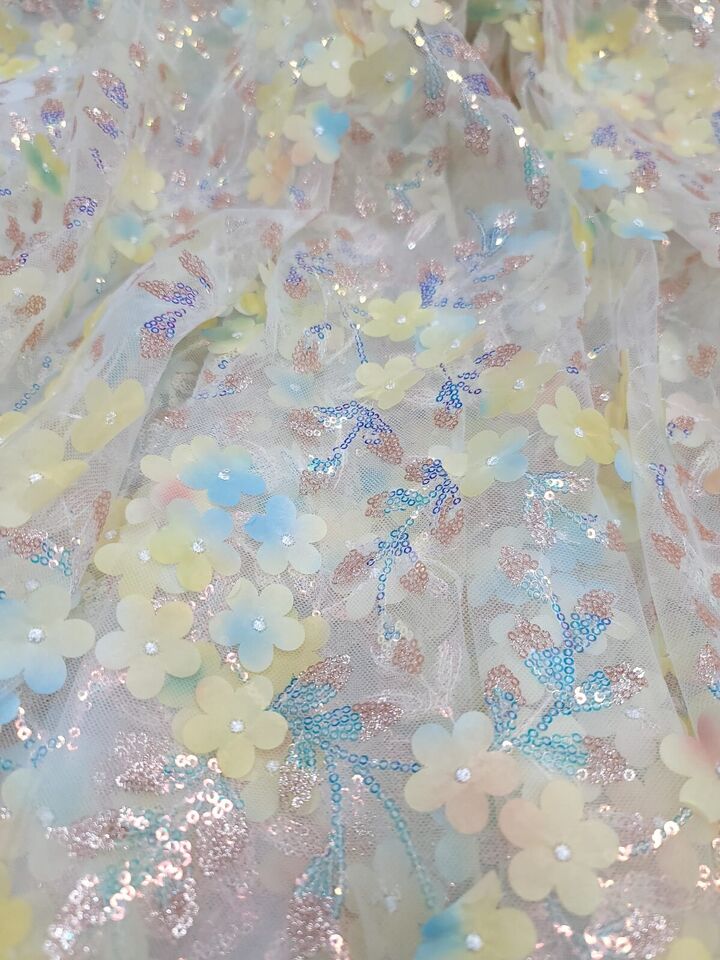 Yellow 3D Flowers/Floral Iridescent Sequins Embroidered Lace Fabric By The Yard