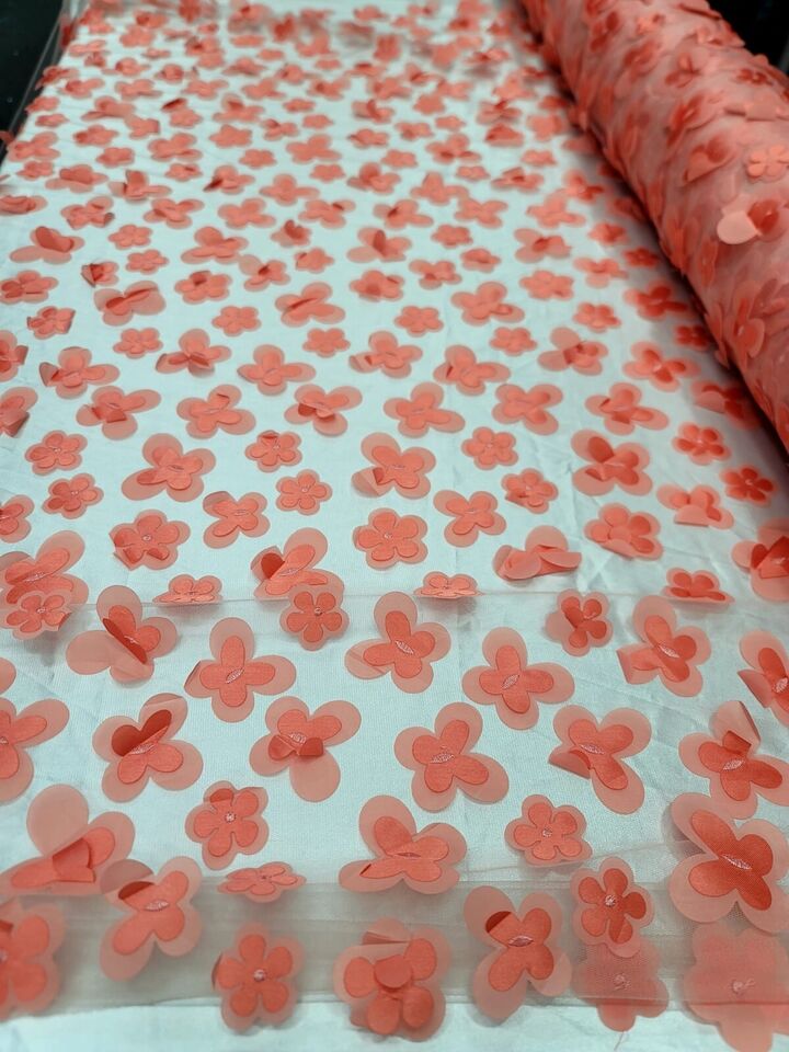 Royalty Bridal Luxury Coral 3D Floral Lace Fabric - Sold by the Yard (60" Width) with Butterflies Design