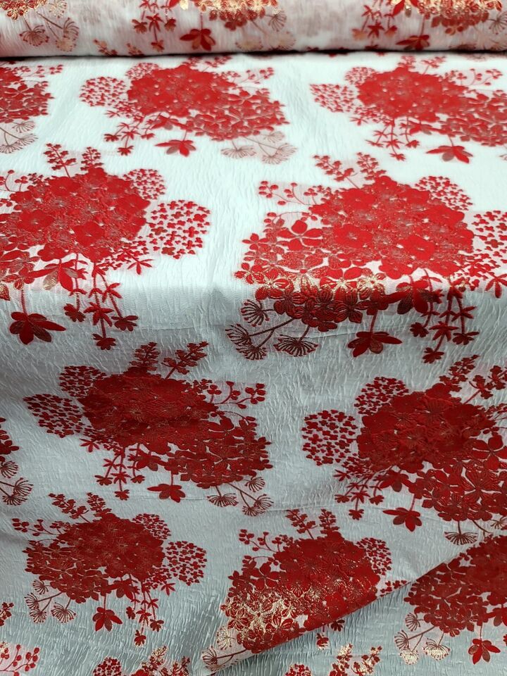 Red Gold Floral Metallic Brocade Fabric Width Sold By The Yard On White Organza
