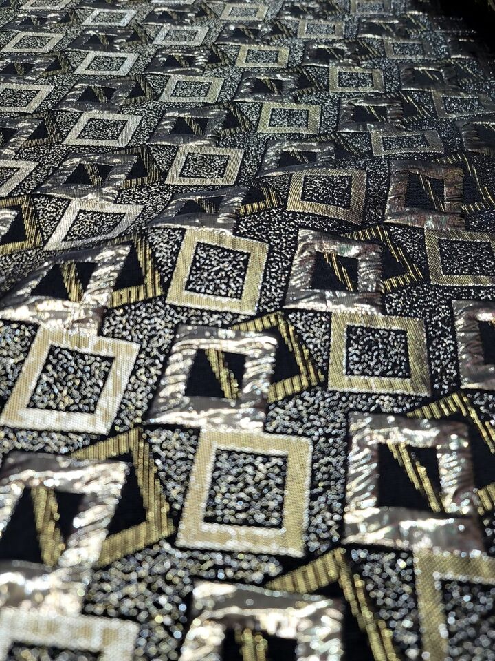 Black Gold Brocade Fabric By the Yard - Geometric Pattern - Ideal for Dressmaking and Upholstery - 60 Inches Wide