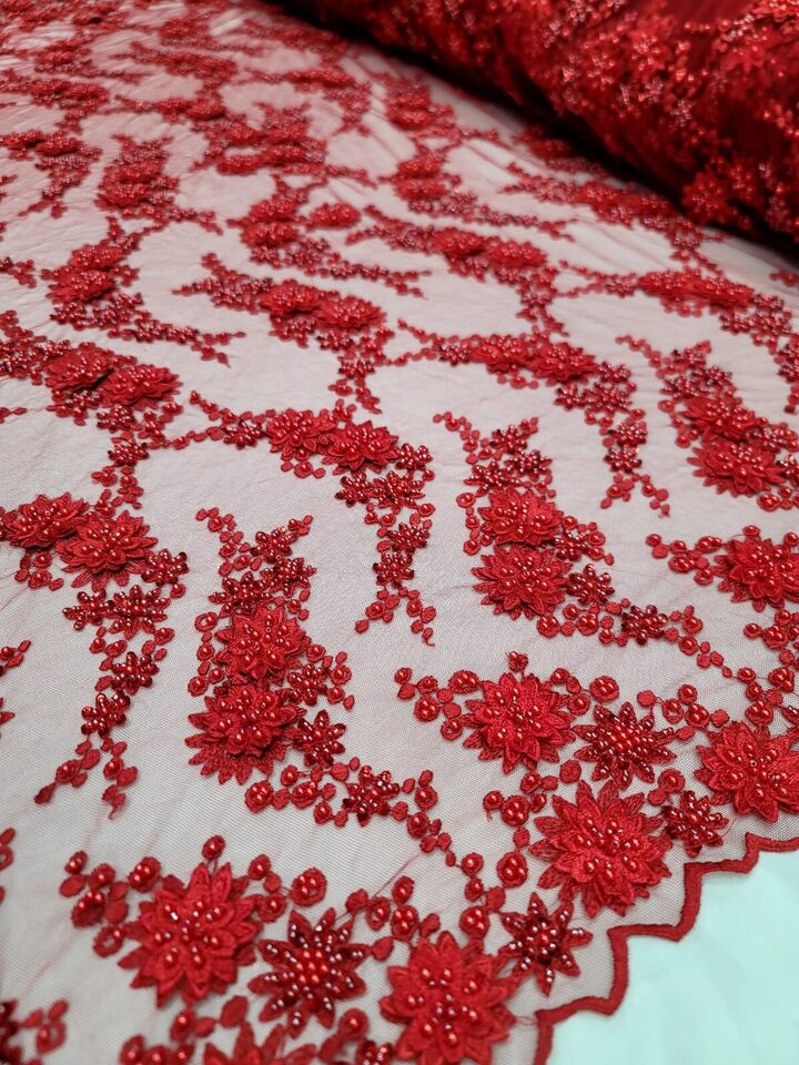 Lace Fabric Red 3D Flower Beaded Bridal Wedding Dress Fabric Sold By The Yard