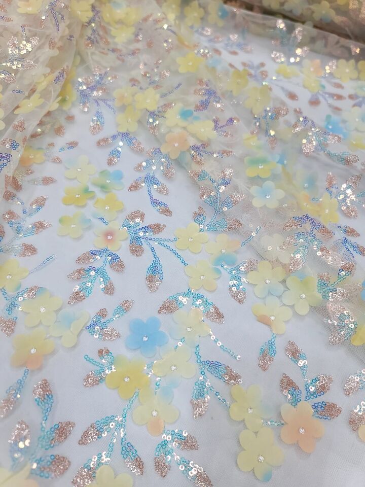 Yellow 3D Flowers/Floral Iridescent Sequins Embroidered Lace Fabric By The Yard