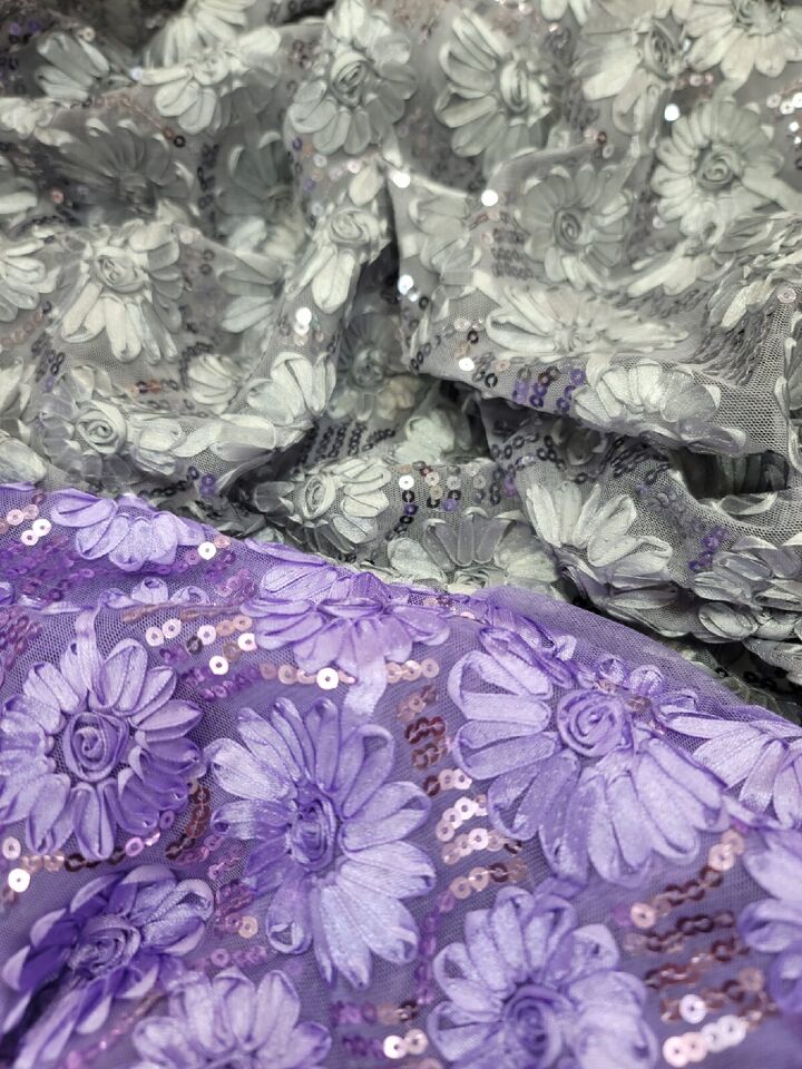 Lavender Lace Embroidery Ribbon Floral Sequins Quinceañera Fabric By the Yard - Elegant 54-Inch Width