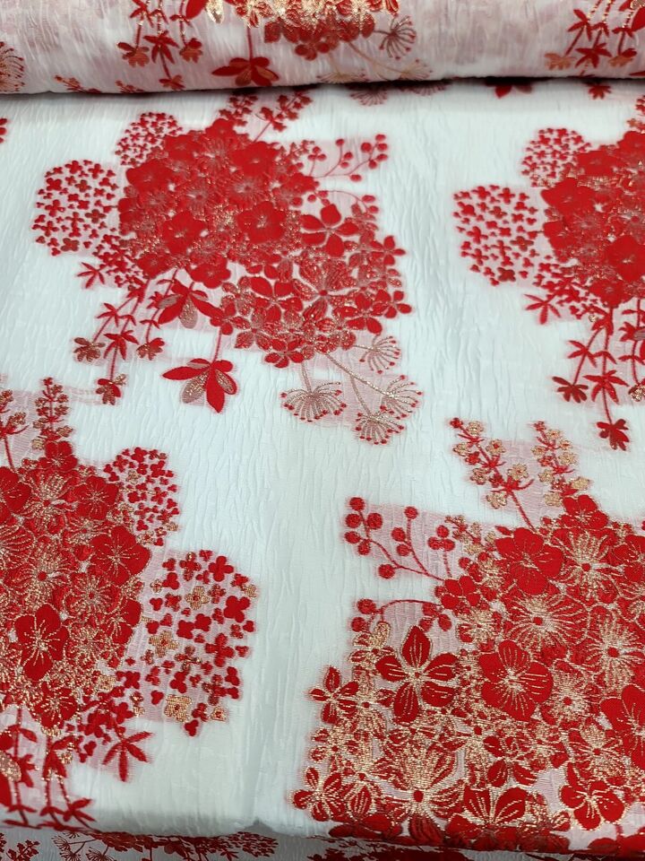 Red Gold Floral Metallic Brocade Fabric Width Sold By The Yard On White Organza