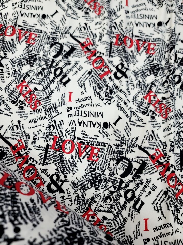 Rayon Jersey Spandex Knit Fabric by the Yard - Newspaper Love Kiss Print (60" Width)