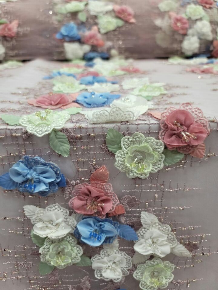 Dusty Rose Beaded Lace 3D Blue Sage Floral Flowers Fabric By the Yard - Ideal for Elegant Dresses
