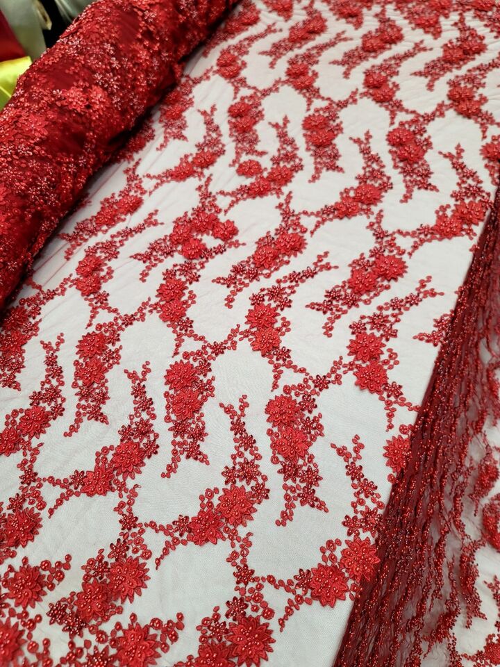 Lace Fabric Red 3D Flower Beaded Bridal Wedding Dress Fabric Sold By The Yard